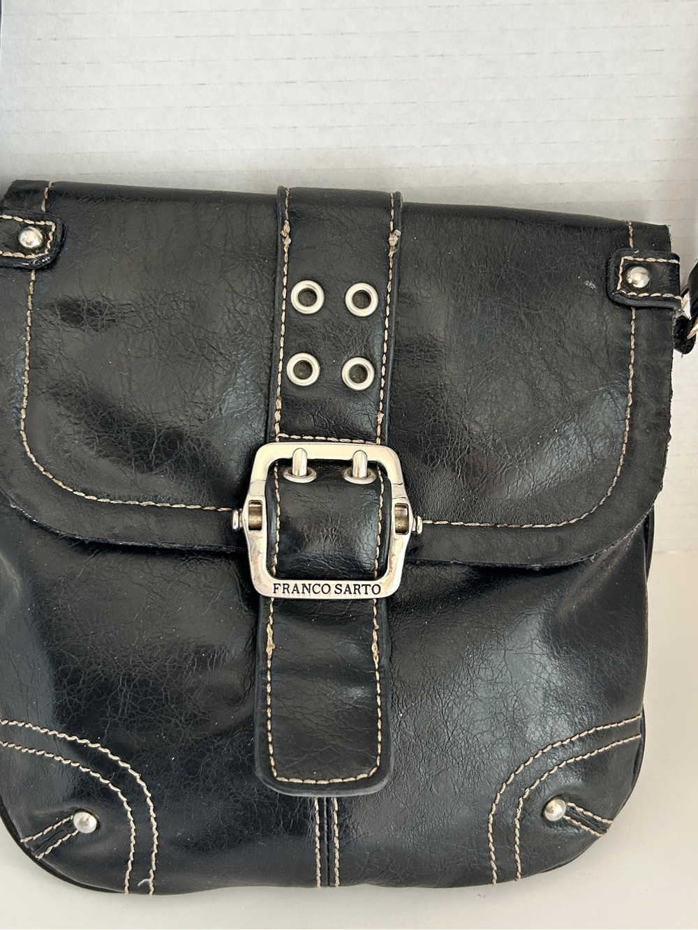 Franco Sarto Y2K Black Buckle Crossbody Purse Grommet Detail